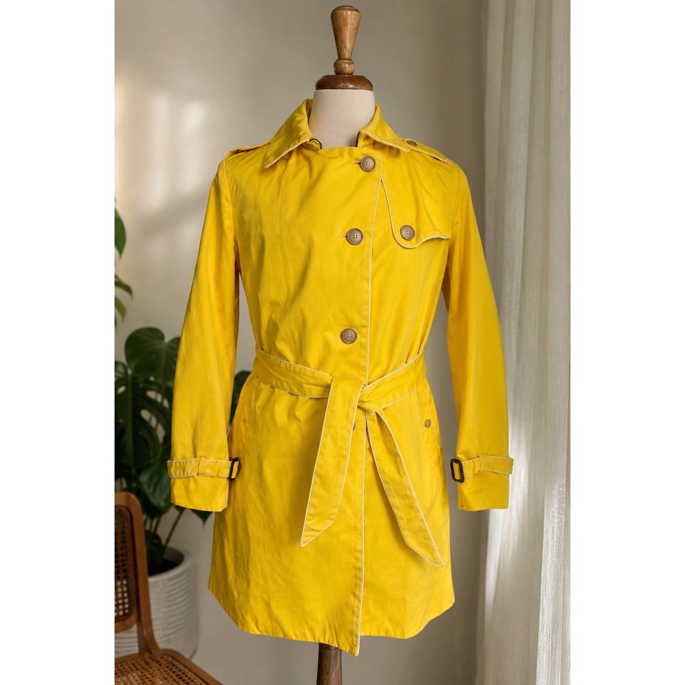 Yellow Belted Trench Coat Retro Mod Rain Jacket, Water-Resistant Cotton, Size M